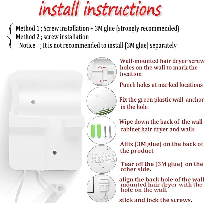 Hotel Wall Mounted Hair Dryer for BathroomRestroom Professional Blow Dryerwith Stand RackSpecialised Motor for SalonFast Drying - Gifts【Massage CombScrews+ Adhesive】 110V