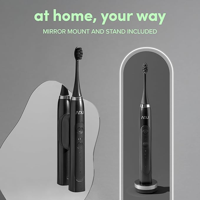 ARU Sonic Toothbrush Starter Kit with Customizable Modes and 2 Minute Timer ADA-Approved Electric Toothbrush for Adults Soft Toothbrush for Gums 45+ Days Battery Travel Case Midnight Black