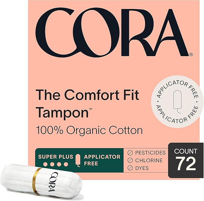 Cora Organic Feminine Care | Non-Applicator Ultra-Absorbent S/S+ Tampons &amp Organic Cotton Maxi Pads | Eco-Conscious Overnight Absorbency | 72 Tampons &amp 48 Pads