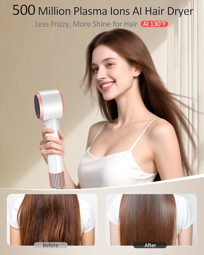 Hair Dryer AI Smart 160000 RPM High-Speed Brushless Motor Plasma Ion AI Blow Dryer with Diffuser for Fast Drying Professonal 4Temp/3Speed Thermo-Control Lightweight AI Hairdryer for Women Men Travel