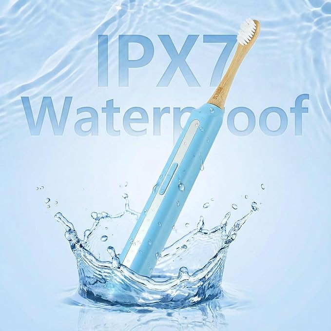Bamboo Electric Toothbrush丨Rechargeable Electric Toothbrush with 4 Bamboo Heads Soft Castor Oil Bristles5 Moedes&amp3 Intensities 45 Days Battery Life IPX7 Waterproof-Light Blue