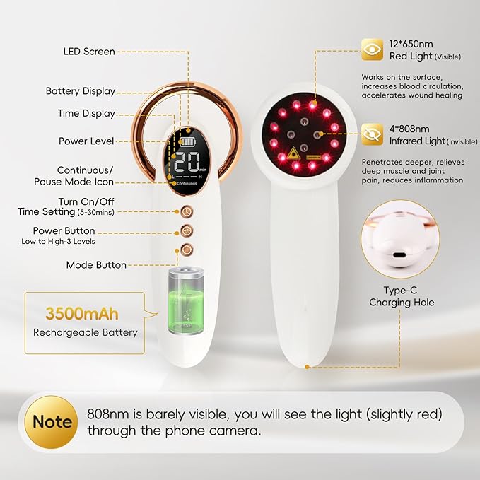 4x808nm+12x650nm 3500mAh Battery 4Hz pulsed Near Infrared Red Light Therapy Treatment for Body Pain Relief Handheld Cold Light Therapy Device for Dogs Cats Horse Pets