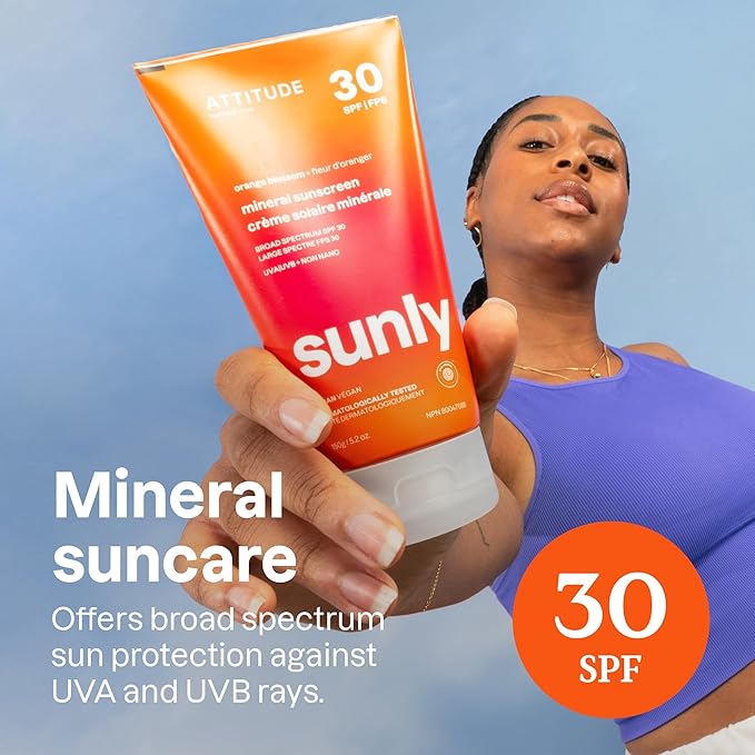 ATTITUDE Mineral Sunscreen with Zinc Oxide SPF 30 EWG Verified Broad Spectrum UVA/UVB Protection Dermatologically Tested Vegan Orange Blossom 5.2 Ounces