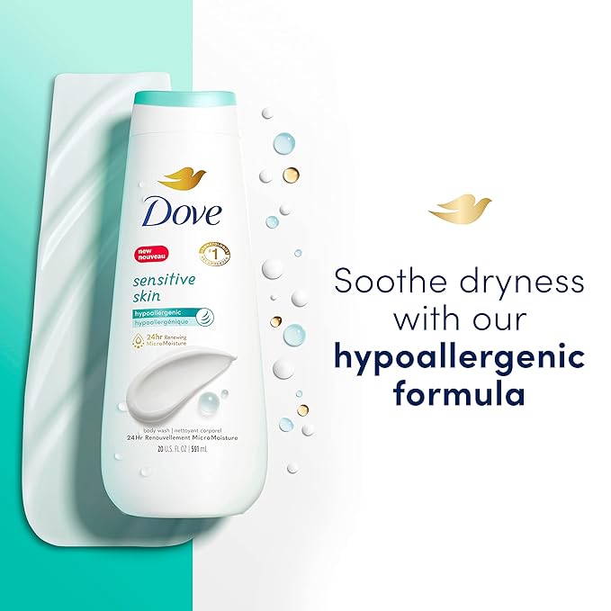 Dove Body Wash Sensitive Skin 4 Count Hypoallergenic Paraben-Free Sulfate-Free Cruelty-Free Moisturizing Skin Cleanser Effectively Washes Away Bacteria While Nourishing Skin 20 oz