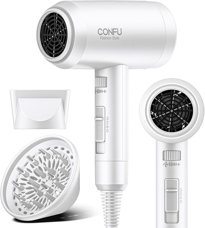 Hair Dryer with Diffuser CONFU Blow Dryer for Curly Hair for Women Men 21000PRM Travel Hair Dryer Portable Lightweight Fast Drying Negative Ion Hairdryer for Home &amp Travel