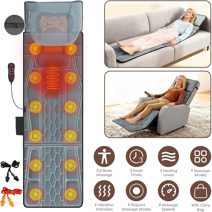KOCASO Flannel Full Body Massage Mat Multifunctional Massage Chair Pad with Heat Timer Shiatsu Neck Massager Carry Bag Earplugs Anti-Slip Bottom for Reclining Chair