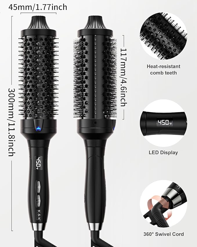 K&ampK Thermal Brush for Blowout Look Pro 1.77 Inch Heated Round Brush with Ceramic Tourmaline Coating Ionic Makes Hair Smoother Get Natural Curls 122-446°F Dual Voltage for Travel
