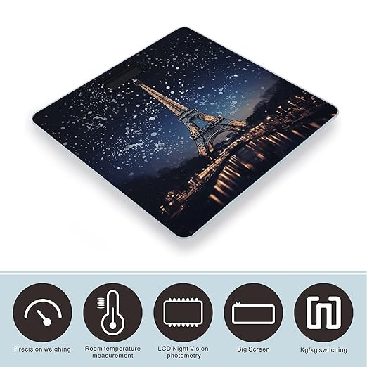 Night Paris Eiffel TowerScale for Body Weight with LCD High Precision Weighing Scales Fashion Sturdy Tempered Glass Weight Scales Easy-to-Read Digital Bathroom Scale for Daily 400lb
