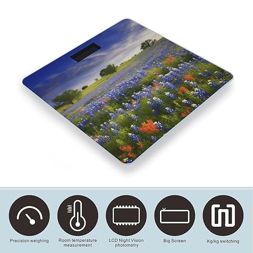 Texas Bluebonnets Scenery Bathroom Scale Large LCD Backlight Display Digital Scale Rounded Corners Body Scales Automatic Power On/Off Bathroom Scales for Home Bedrooms