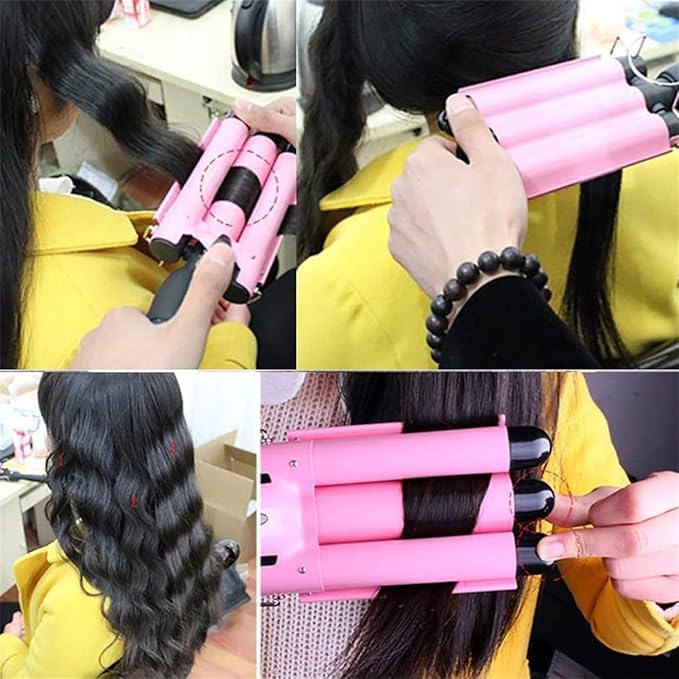 3 Barrels Hair Curler - Ceramic Hair Crimper Fast Heating Long Lasting Curling Crimpers Curling Iron with 2 Temperature Control Big Wave Curling Wand Tongs Best Gift for Women ( Color : Pink  Size