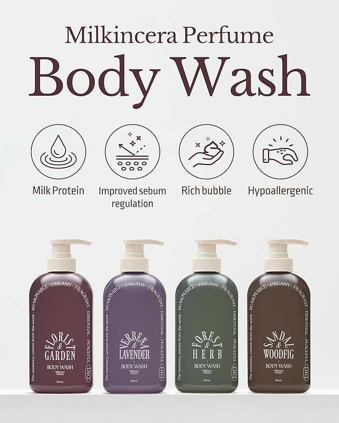 Milk in Cera Perfume Body Wash - Korean Moisturizing Body Cleanser for All Skin Types - Natural Green Herb Scent - with Milk Protein and Ceramide 16.9 fl.oz.