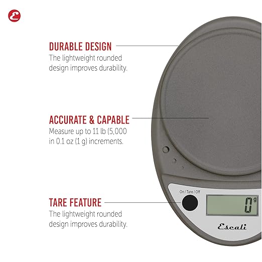 Escali Primo Digital Food Scale Multi-Functional Kitchen Scale and Baking Scale for Precise Weight Measuring and Portion Control 8.5 x 6 x 1.5 inches Metallic