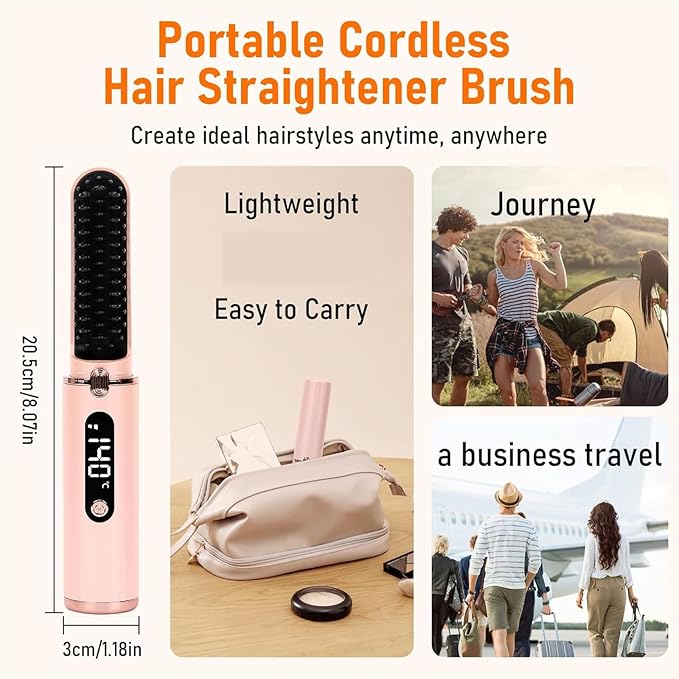 Cordless Hair Straightener Brush USB Rechargeable Portable Travel Hair Straightener with LED Display Screen 3-Speed Temperature Adjustable and Fast Heating Function for Travel Home(Pink)