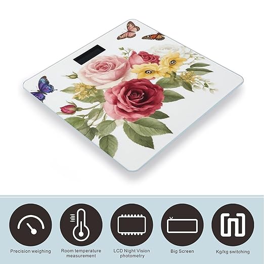 Men's Smart Scale for Body Weight Digital Bathroom Weighing Scale Automatic Switch Energy Saving Scale Flower Shabby Chic Roses Buds Leaves Tulips Floral Butterfly