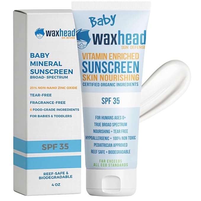 Waxhead Baby Sunscreen SPF 35 25% Non-Nano Zinc Oxide Mineral Sunscreen for Babies Infants &amp Toddlers Kids Sunblock Face and Body Lotion Tear-Free Reef-Safe (4 oz)