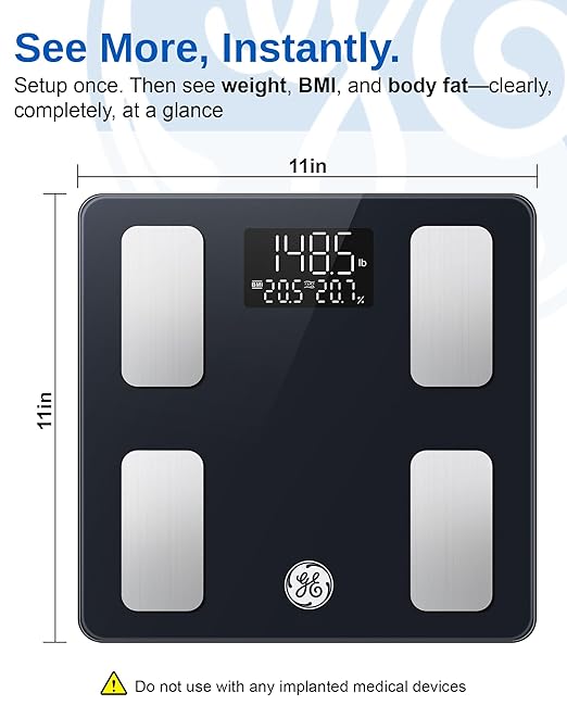 GE Smart Scale for Body Weight and Fat Digital Bathroom Scales BMI Body Fat - Bluetooth 13 Body Composition Monitor for Muscle Mass People with App Accurate 400lb Weighing 3 Battery