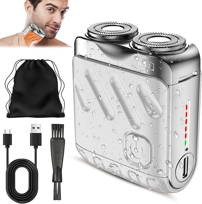 Small Steel Cannon Suspended Magnetic Blade Portable Rotary Dual Ring Electric Shaver Fully Waterproof USB Rechargeable One-Button Long Lasting Foil Shaver for Home Travel (Silver)