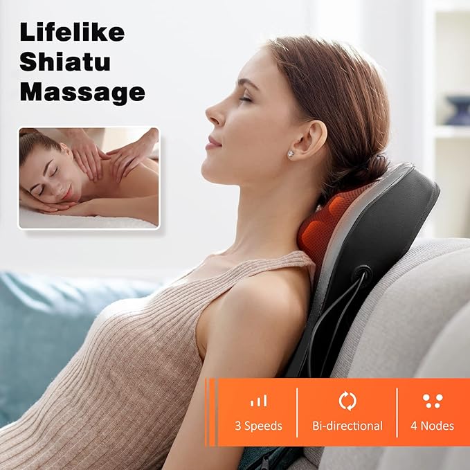 Boriwat Back and Neck Massager with Heat - 3D Kneading Massage Pillow for Neck Shoulder Leg Pain Relief - Gifts for Men Women Mom Dad - Relax at Home Office Car - Dark Gray