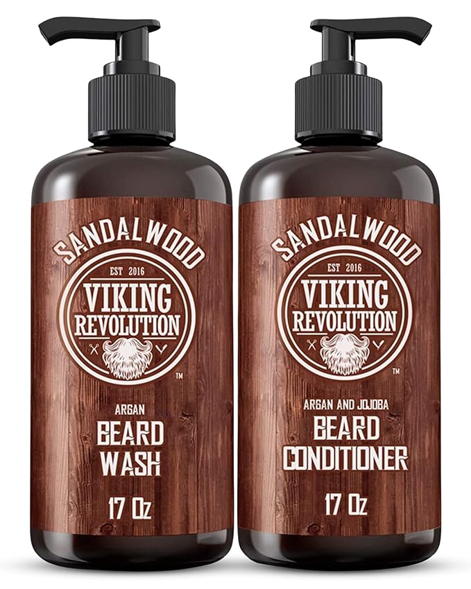 Viking Revolution Beard Wash &amp Beard Conditioner Set with Argan &amp Jojoba Oils - Softens and Strengthens - Natural Sandalwood Scent - Beard Shampoo with Beard Oil (17 oz)