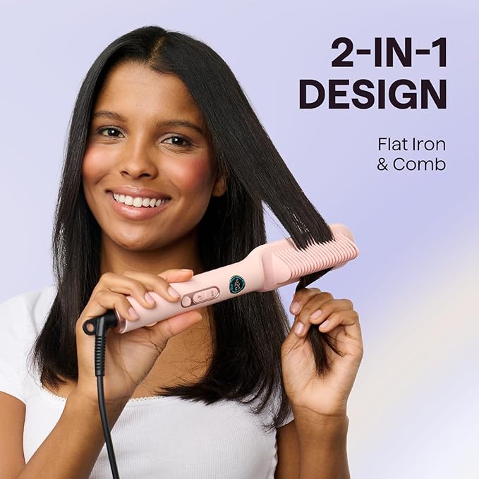 Wavytalk Hair Straightener Brush Sleek Sweep Ionic Straightening Brush Anti-Scald Ceramic Straightener Comb with LED Display for Super Smooth Hair Dual Voltage Pink.