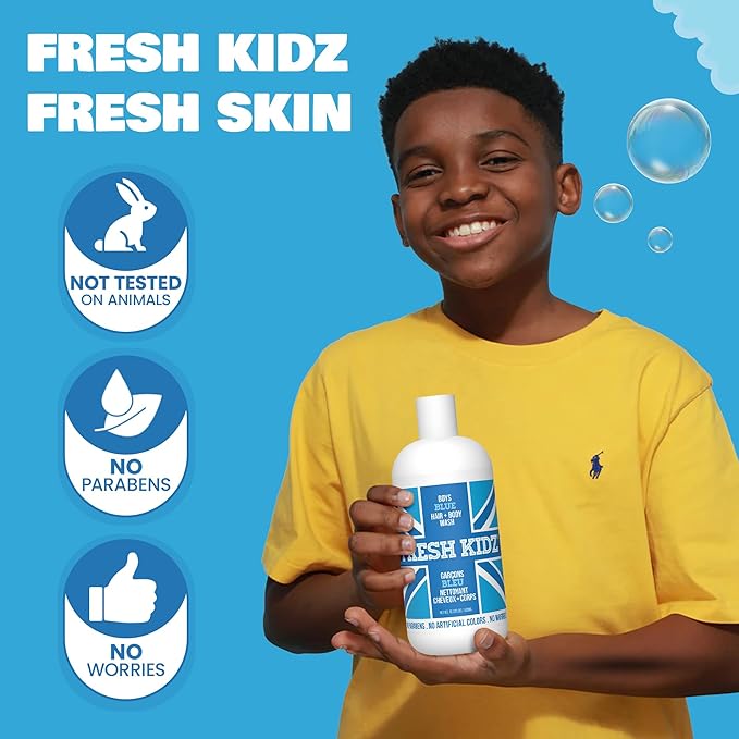 Fresh Kidz Hair &amp Body Wash 16.9 fl.oz. and 2 Roll On Deodorants 1.86 fl.oz. for Kids and Teens - Boys Blue Set