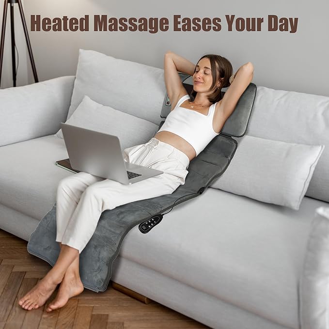TeqHome Full Body Massage Mat with Heat Massager Pad with 10 Vibration Motors &amp 9 Vibration Modes &amp Auto Shut-Off for Bed Sofa Chair Neck/Back Pain Relief