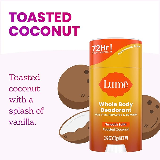 Lume Whole Body Deodorant - Smooth Solid Stick - 72 Hour Odor Control - Aluminum Free Baking Soda Free and Skin Loving - 2.6 Ounce (Pack of 3) (Toasted Coconut)