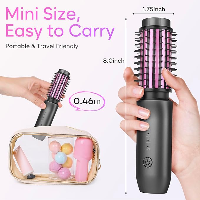 Cordless Curling Iron Brush 2024 New Portable Travel Curling Iron Mini Brush for Women 7000Mah USB Rechargeable Curling Wand Brush with Negative Ion Gray