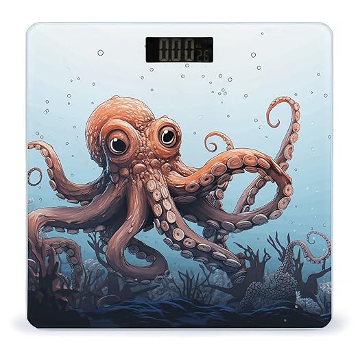 Octopus in The Sea Scale for Body Weight Anti-Slip Tempered Glass Digital Bathroom Scales Clear LCD Display Weighing Scale Safe Rounded Corners Smart Scales