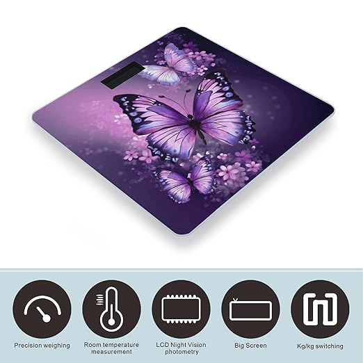 Beautiful Purple Butterfly Art Scale for Body Weight Safe Rounded Corners Tempered Glass Digital Bathroom Scale LED Display 400lb Capacity Weight Scales with High Precision Sensors