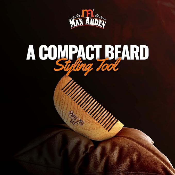 Man.Arden Neem Wooden Pocket Size Beard Comb with Premium Faux Leather Pouch