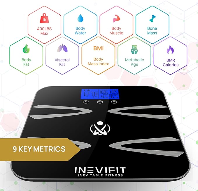 INEVIFIT Body-Analyzer Scale Highly Accurate Digital Bathroom Body Composition Analyzer Measures Weight Body Fat Water Muscle BMI Visceral Levels &amp Bone Mass for 10 Users. Includes Batterie