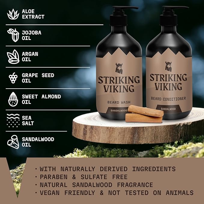 Striking Viking Beard Care Set (Sandalwood) - Paraben &amp Sulfate Free Shampoo with Jojoba Oil - Deep Clean for All Beard Types (10oz Per Bottle)