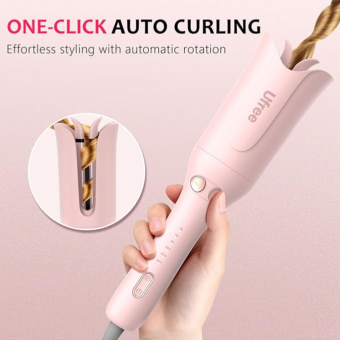 Ufree Automatic Rotating Curling Iron 1 Inch Ceramic Curling Wand 1-Click Hair Curler with 3 Heat &amp Timers Anti-Scald Design 1M Ionic Care Dual Voltage for Travel Beach Waves Rose Gold