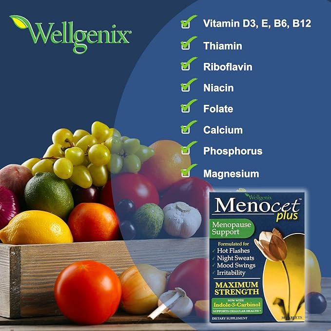 Wellgenix Menocet Plus Menopause Support - Natural Supplement for Women - Daily Relief Feminine Care - Helps with Hot Flashes Night Sweats Mood Swings &amp Irritability - 30 Tablets