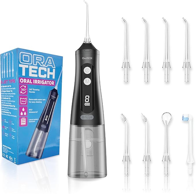 OraTECH Water Dental Flosser Portable Cordless Oral Irrigator 350ML Rechargeable Travel IPX7 Waterproof Electric Flossing for Teeth Cleaning (Black)