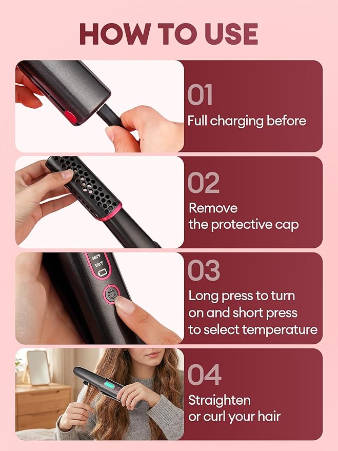 Mini Cordless Hair Straightener Rechargeable - 0.7 Inch Ceramic Fast Heat Up for Long Short Hair - 2 in 1 Styling Tool Small Flat Iron 320℉ 360℉ 410℉ 470℉