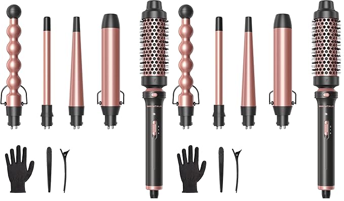 Wavytalk 5 in 1 Curling Wand Set Multi Curl Curling Wand Set with Thermal Brush and 4 Interchangeable Ceramic Curling Wand(0.5”-1.25”) Instant Heat Up Wand Curling Iron (Rose Gold) (Pack of 2)