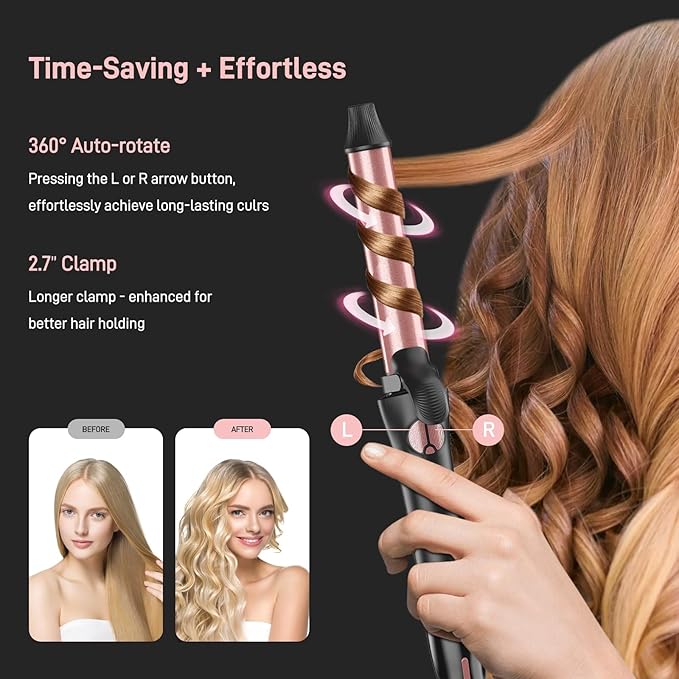 Rotating Curling Iron - 3 in1 Automatic Curling Iron with Interchangeable CurlingWand 3/4 1 1/4 1 Inch CurlingIron for Lasting Beach Waves Adjustable Temp Instant Heat Dual Voltage (Black)