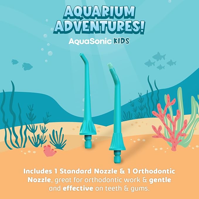 AquaSonic Kids' Water Flosser for Ages 6+ | Standard Nozzle Orthodontic Nozzle &amp Waterproof Stickers | 4 Flossing Modes | Aquarium Adventures Theme (Blue)