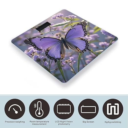 Beautiful Purple Butterfly Art Bathroom Scale Weight Scale for Body WeightHighly Accurate Digital Weighing Machine Clear LED Display Digital Bathroom Body Scale 400lb/182kg