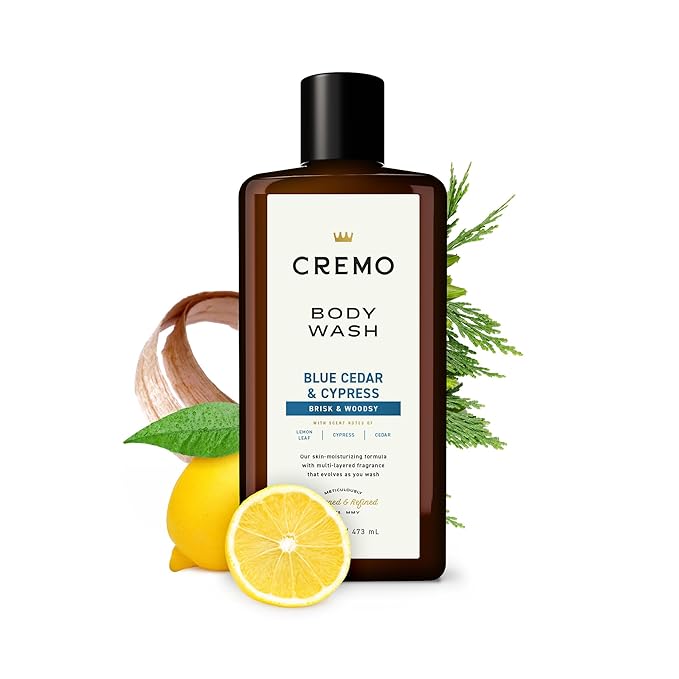 Cremo Rich-Lathering Blue Cedar &amp Cypress Body Wash A Woodsy Scent with Notes of Lemon Peel Cypress and Cedar 16 Fl Oz (2-Pack)
