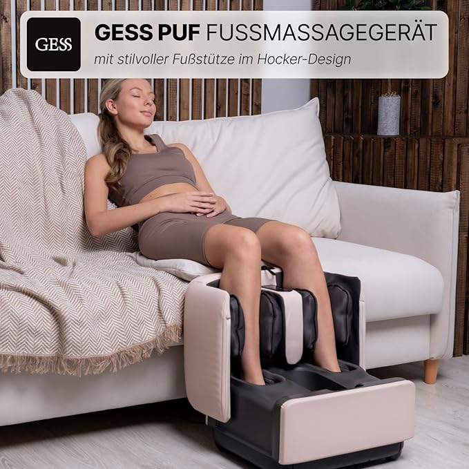GESS PUF 3-in-1 Foot &amp Calf Massager Electric with Heat &amp Shiatsu Air Compression Timer - Massager for Blood Circulation &amp Relaxation at Home Beige