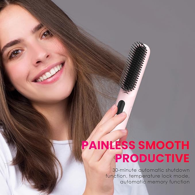 Hair Brush: 1 Inch Brush for Curly Hair with Anti-Scald Bristles Straightening Comb with Negative Iron for Women - 3 Temp Settings &amp LED Display (Pink)