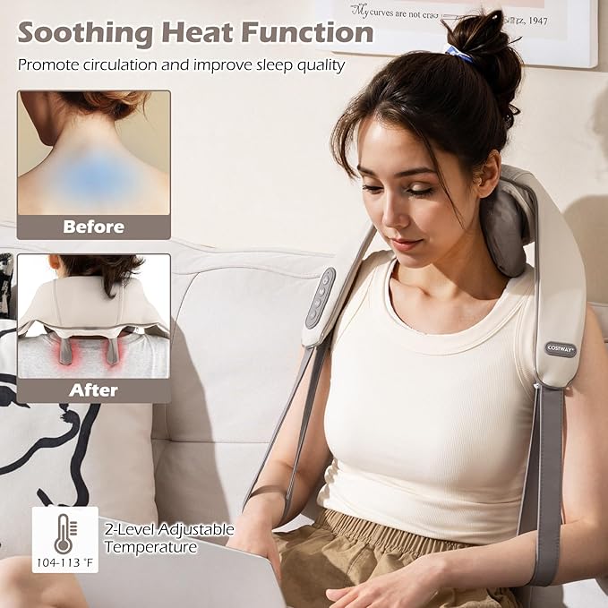 COSTWAY Neck Shoulder Massager with Heat 4D Deep Tissue Kneading Shiatsu Machine for Pain Relief Portable Cordless Neck Back Leg Massager Pillow Gift for Mom Dad Family Women Men (Beige)