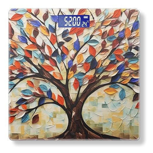 Digital Scale for Body Weight Highly Precision Bathroom Weight Scale 400 lbs with Backlit Display Personalized Scale for Home-Tree with Colorful Leaves of Different Shapes