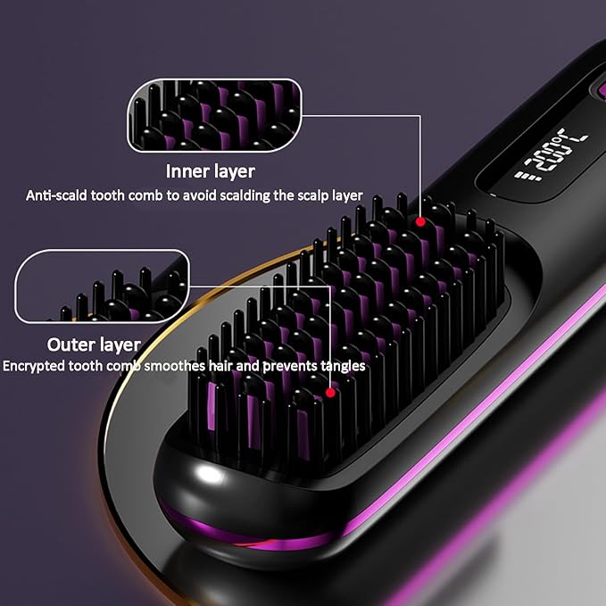 Cordless Ceramic Heated Electric Wireless Hair StraightenerPortable LCD Hair Straightening CombUSB Rechargeable Negative Ion Hot Comb Hair BrushWhite