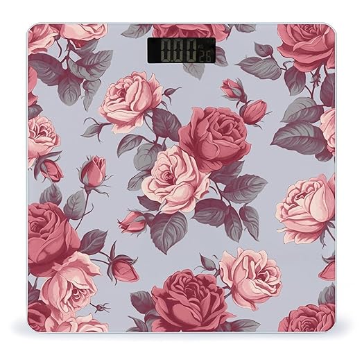 Red Roses Floral Scale for Body Weight Anti-Slip Sturdy Tempered Glass Weighing Machine Highly Digital Accurate Bright LCD Bathroom Scale for Household Gift