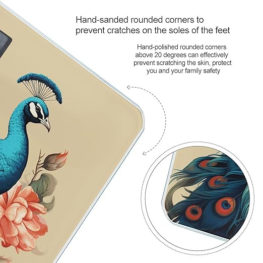 Peacock and Flowers Scale for Body Weight Anti-Slip Digital Bathroom Scale Sturdy Toughened Glass Weighing Scales High Precision Safe Rounded Corners Smart Scales