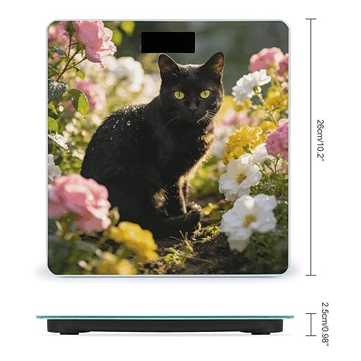 Black Cat in Flower Garden Weight ScaleClear LED Display Bathroom Digital Weighing ScaleTempered Glass Digital Bathroom Scale for Body Weight Capacity Up to 400 Lbs